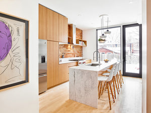 Kitchen interior with Well Light Planter cluster hanging above island counter