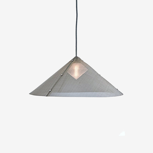 A conical pendant ceiling light made of stainless steel mesh with a semi-transparent appearance, suspended by a cord.