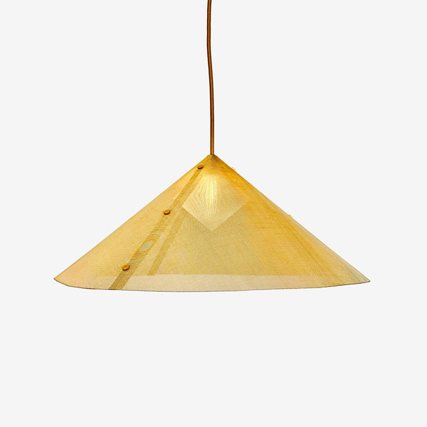 A conical pendant ceiling light made of metal mesh with a semi-transparent appearance, suspended by a cord.