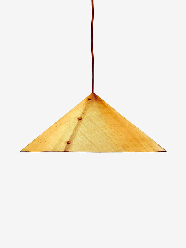 A conical pendant ceiling light made of brass mesh with a semi-transparent appearance, suspended by a cord.