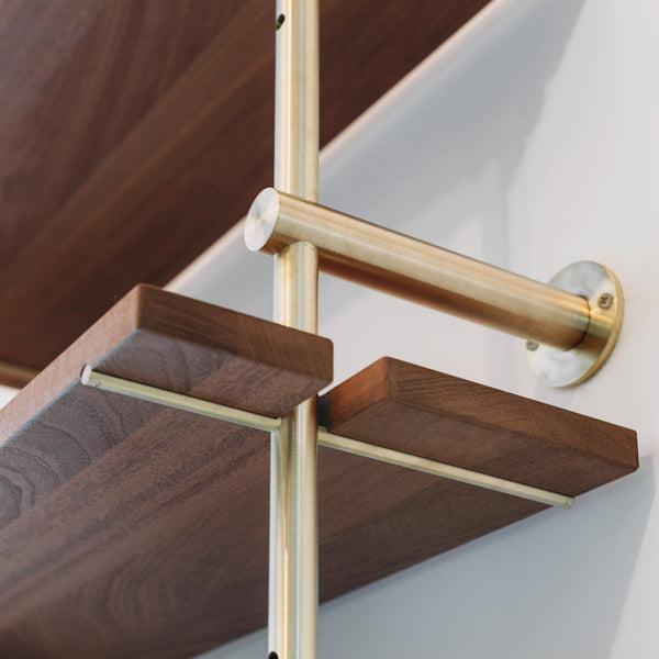 Brass rail shelf customizable system wall mount