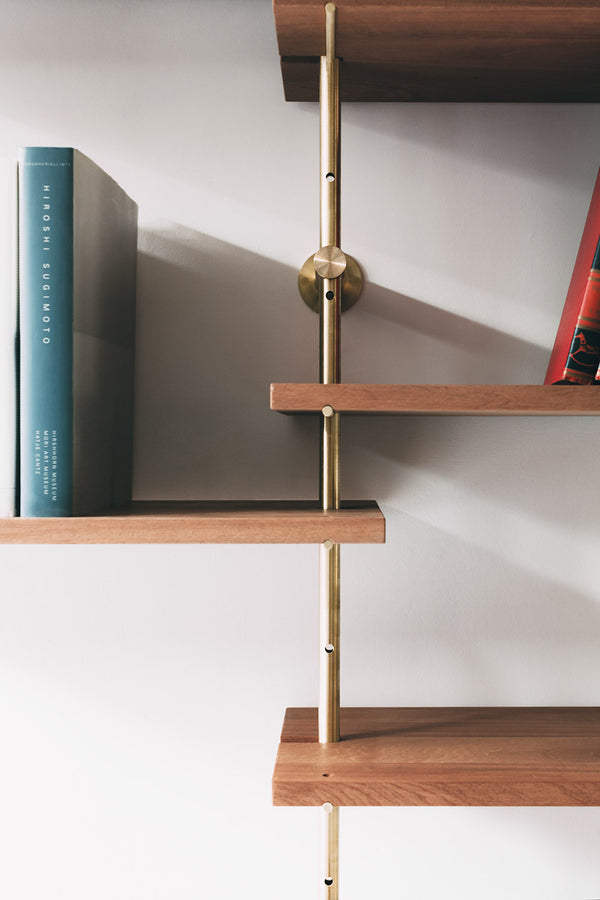 Brass rail shelf customizable system post and shelves