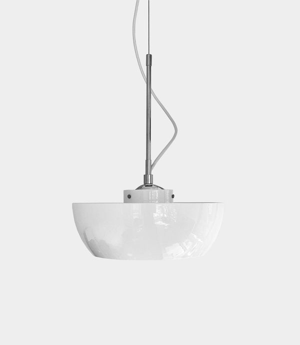 A modern white hanging planter with suspended by a chrome spindle, modern minimal functional design
