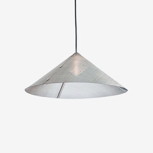 A conical pendant ceiling light made of metal mesh with a semi-transparent appearance, suspended by a black cord.